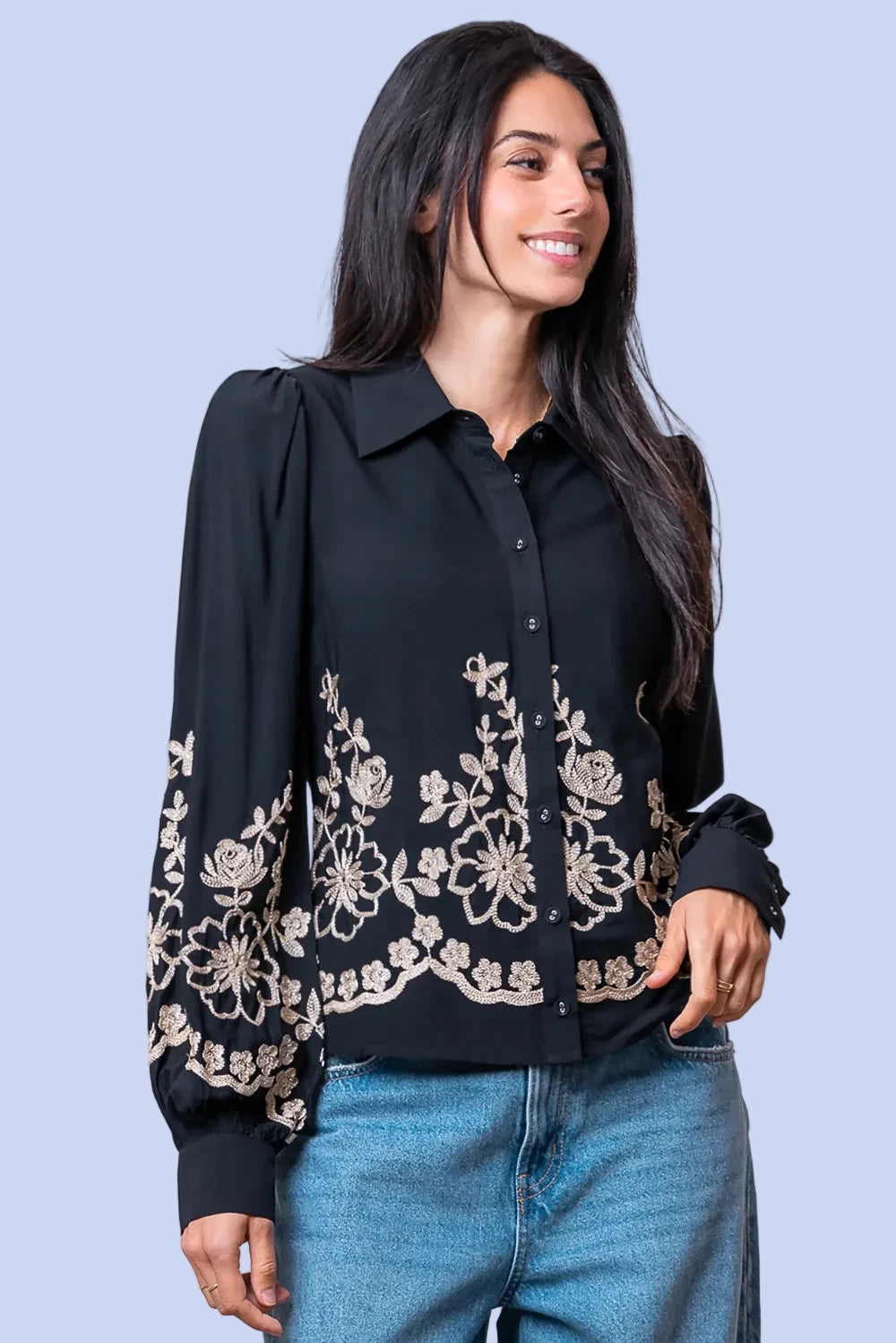 Flower Embroidered Shirt - Black