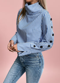 Button-Up High Neck Pullover Shirt - Blue