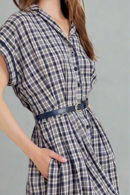 Woven Plaid Midi Dress - Navy