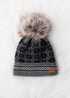Gray, Black & Tan Patterned Pom Hat