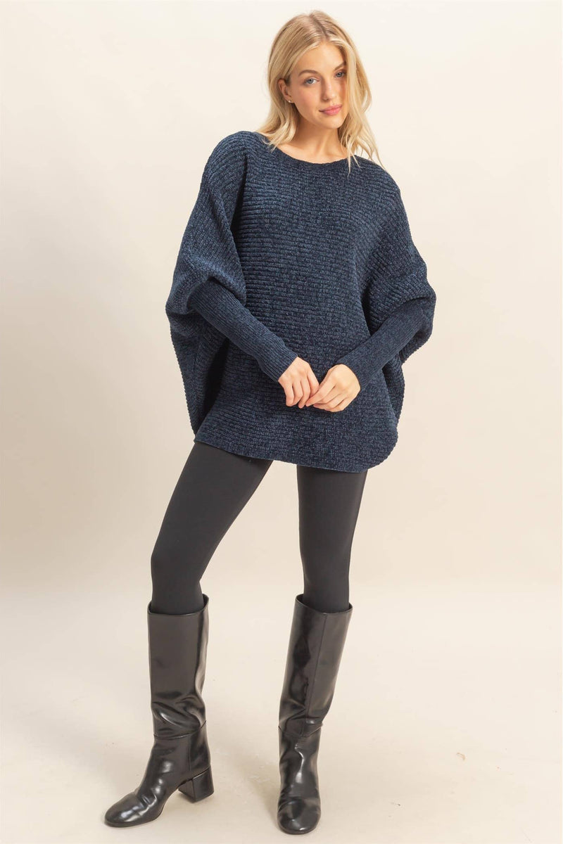 Chenille Boat Neck Sweater - Navy