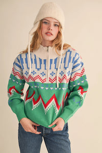 Mock Neck Half Zip Sweater - Bright Green