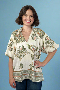 Bubble Sleeve Border Printed Top - Olive