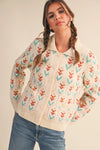Floral Collared Sweater Cardigan - Ivory
