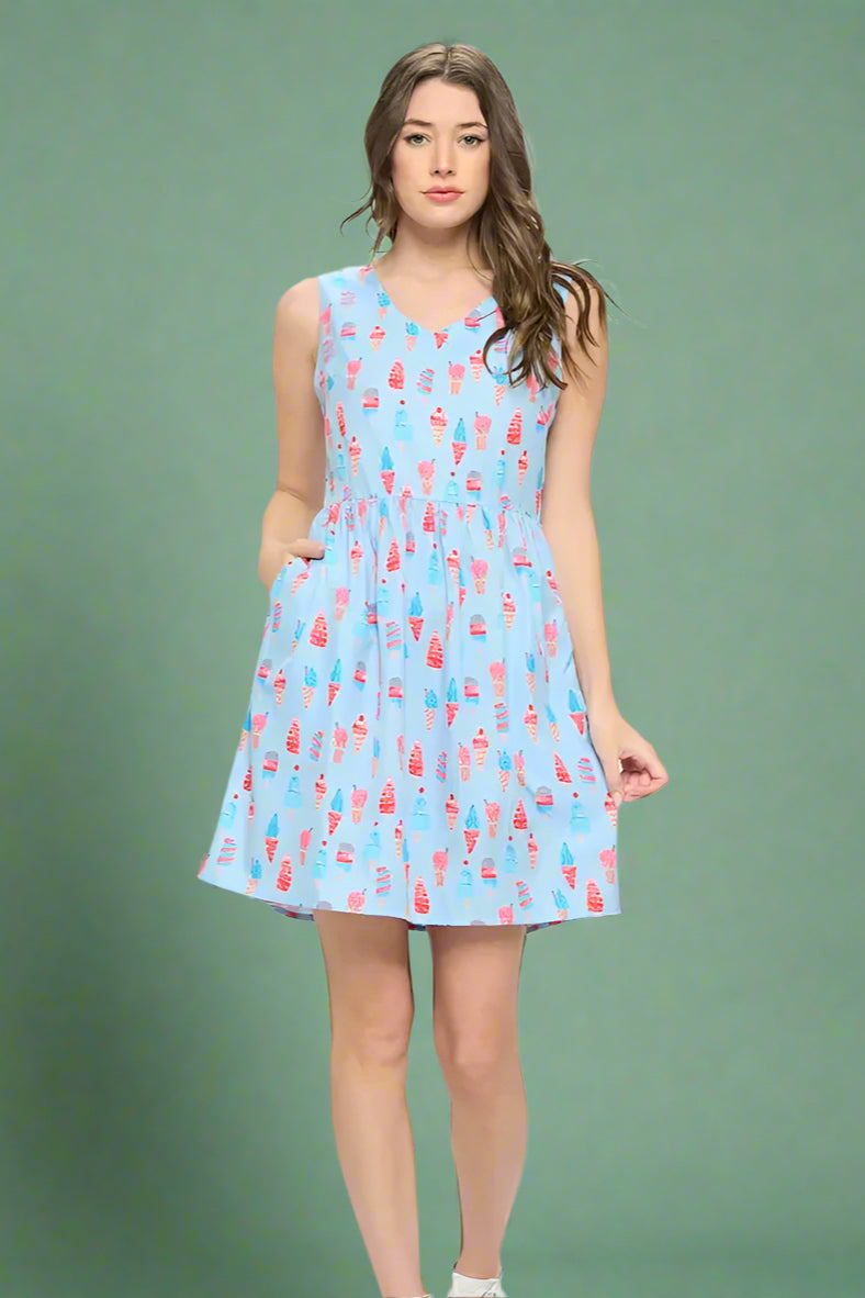 blue ice cream dress HVN Laura Cotton Dress - Blue Gingham w. Ice Cream 6-12, 100% Silk Maria Dress, Button Down Silk Dress, Floral, Printed, Light Summer Dress