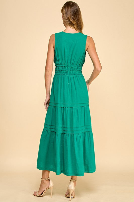 V Neck Elastic Waist Dress - Green
