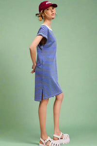 Side Slit Striped T Shirt Dress - Royal