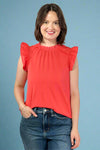 Ribbed Ruffle Sleeve Top - Tomato