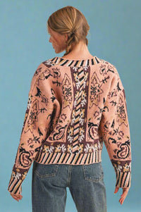 Paisley Knit Sweater Cardigan - Peach