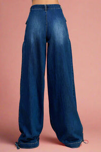 Ankle Drawstring Wide Leg Jeans - Dark Wash