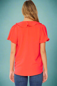 Ruffled V-neck Short Sleeves Solid Woven Top Neon Orange