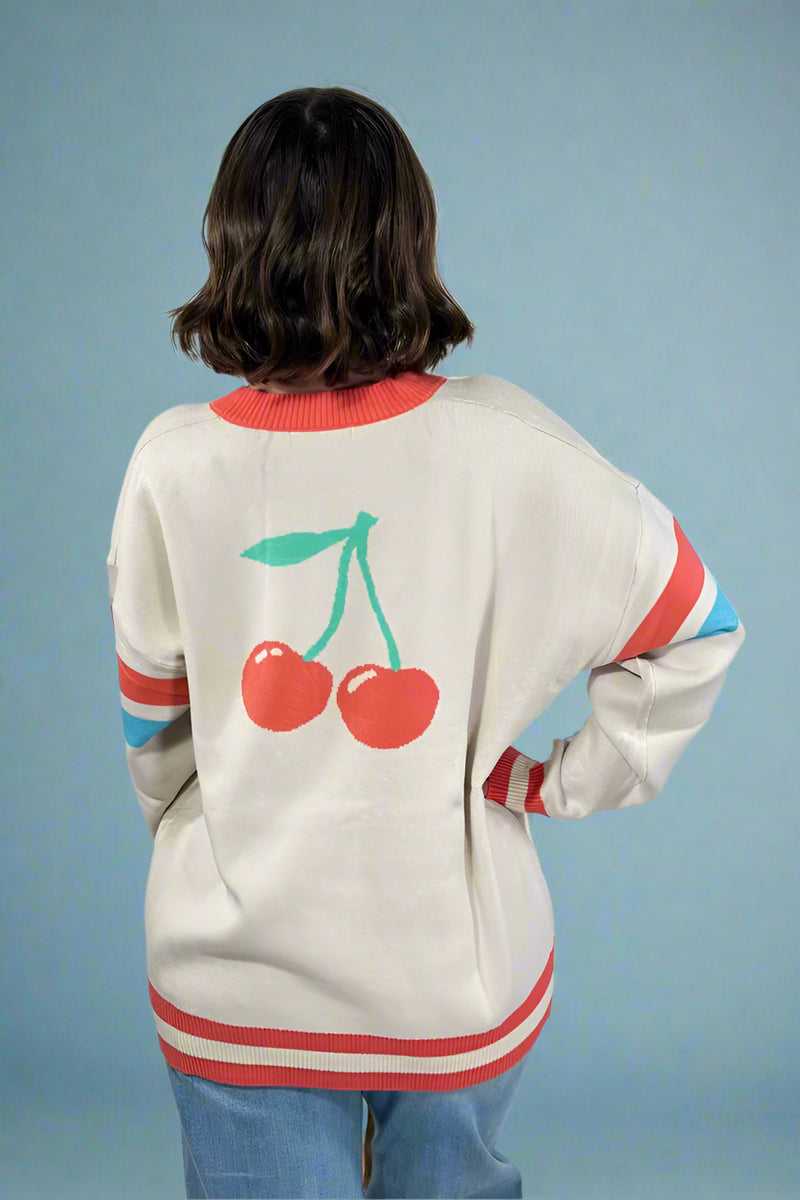 Oversized Cherry Varsity Cardigan - Cream