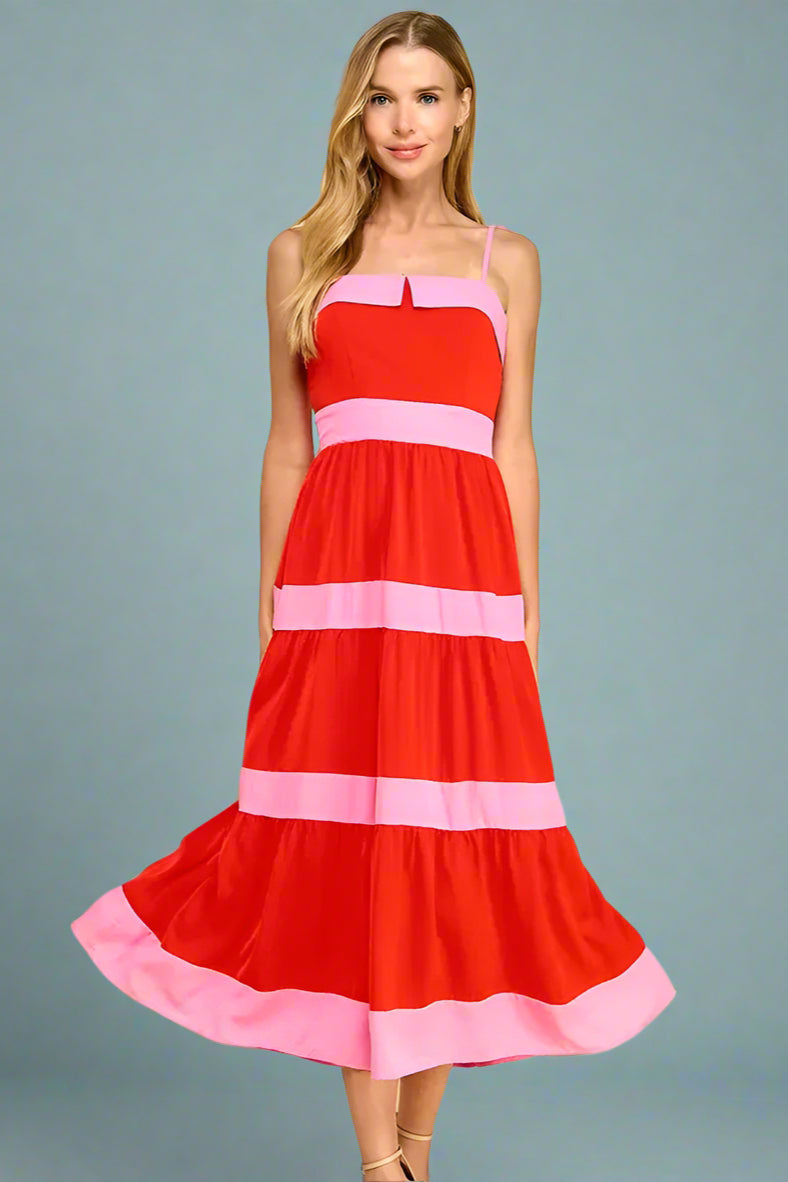 Tiered Bow Back Midi Dress - Red