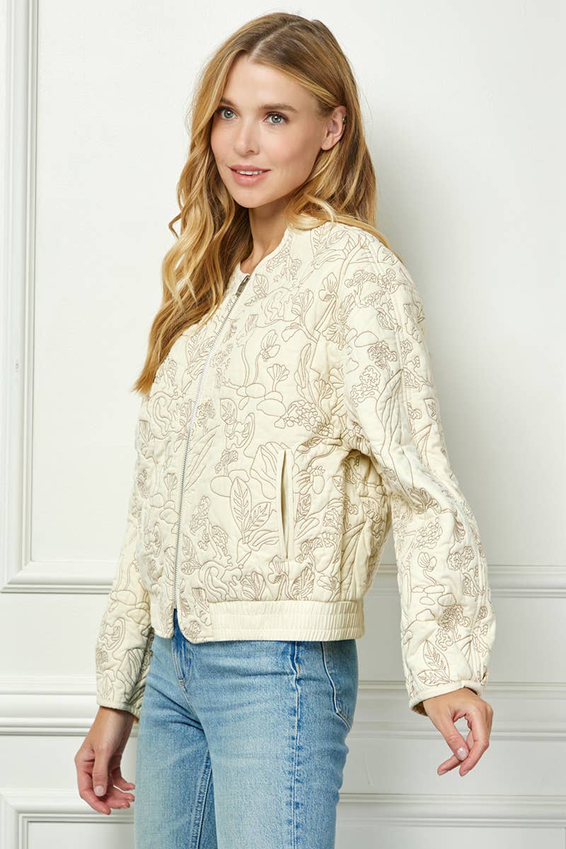 Floral Quilted Zip Jacket - Cream