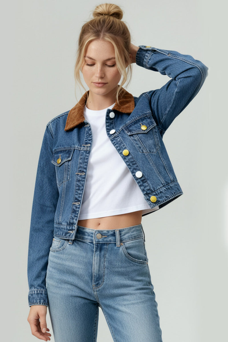 Corduroy Collar Button Down Denim Jacket