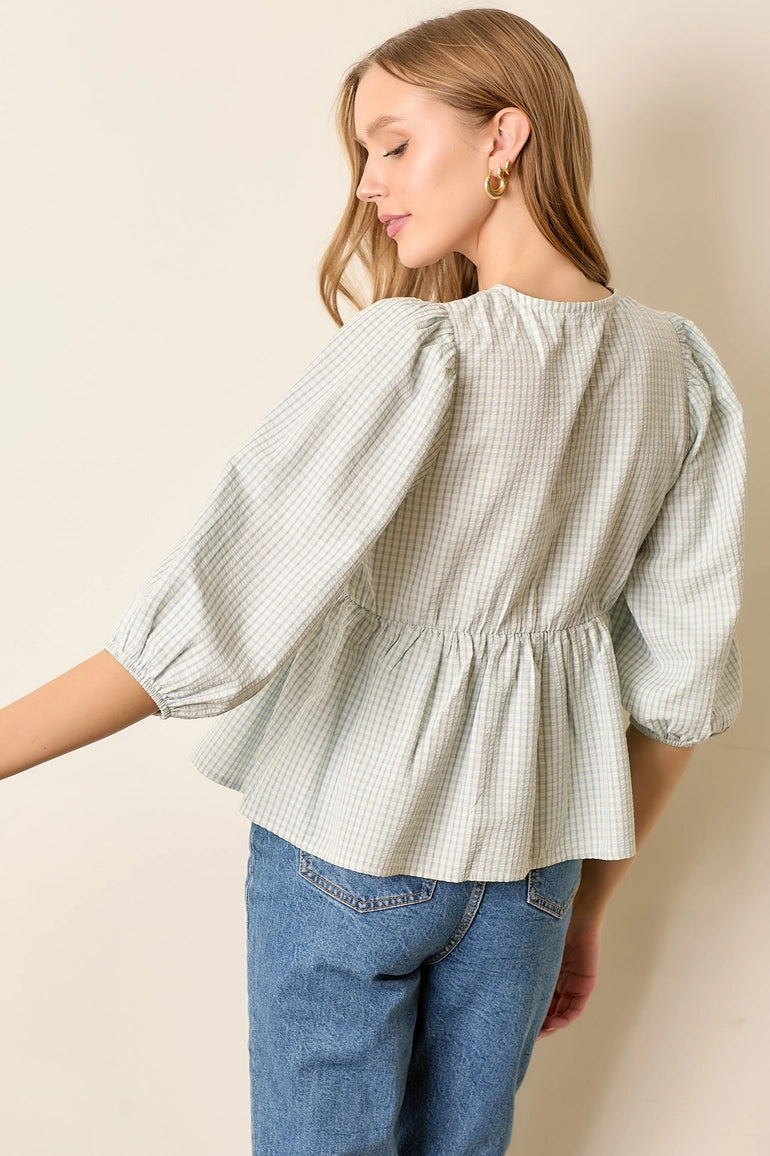 Plaid Top With Ties - Light Blue