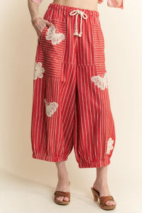 Striped Barrel Embroidered Pants - Red