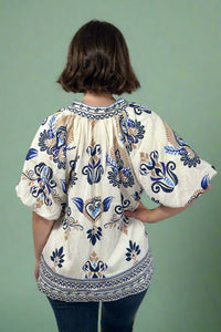 Bubble Sleeve Border Printed Top - Navy