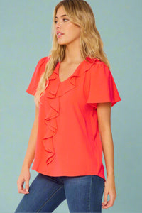 Ruffled V-neck Short Sleeves Solid Woven Top Neon Orange