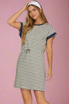 Cinch Waist Striped Knit Dress - Navy