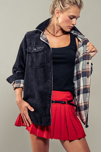 Reversible Plaid Corduroy Shacket - Black