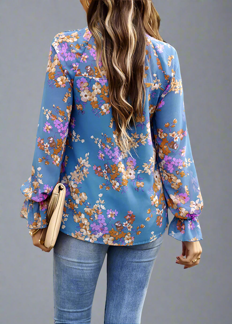 Bright Floral Ruffle Trim Blouse - Blue