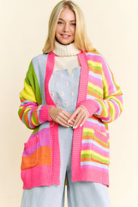 Multi Striped Pockets Loose Fit Open Cardigan