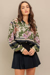 Printed Button Front Top - Olive