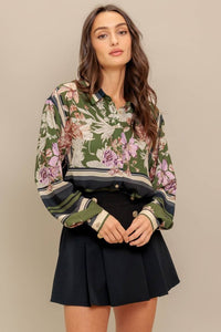 Printed Button Front Top - Olive