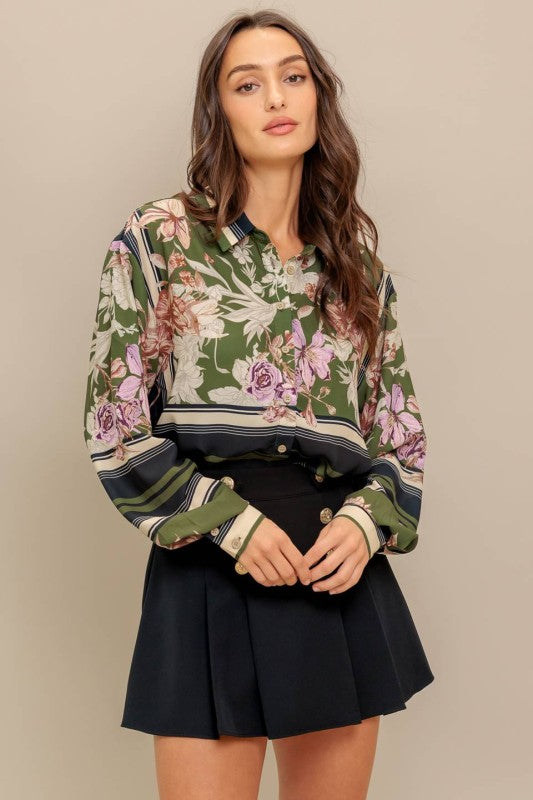 Printed Button Front Top - Olive