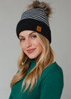 Dk. Gray & White Striped Pom Hat
