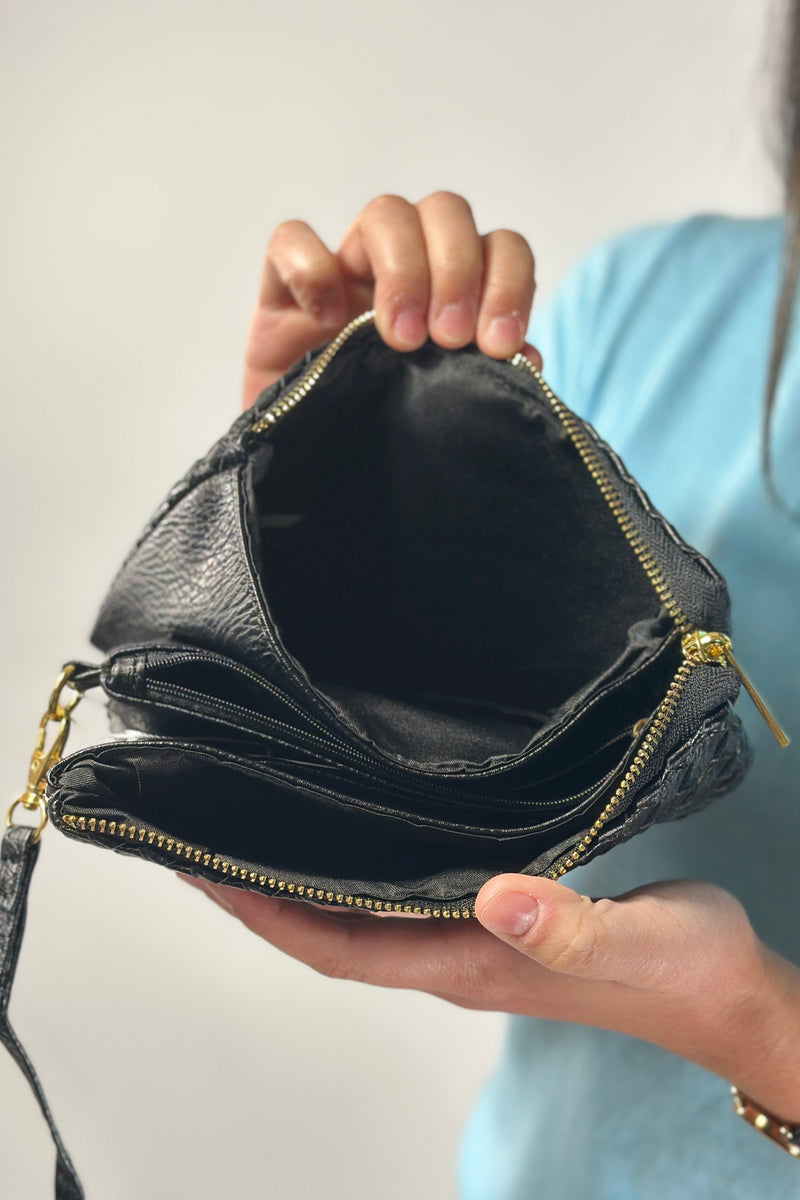 Woven Three Compartment Crossbody Bag - Black