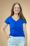 A women’s basic short sleeve v-neck cotton tee in royal blue.