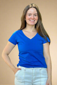 A women’s basic short sleeve v-neck cotton tee in royal blue.