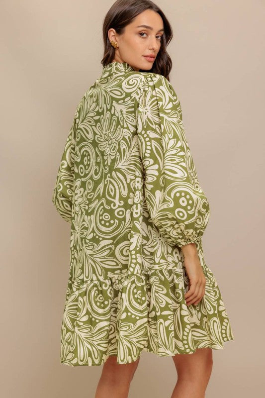 Printed Woven Mini Dress - Olive