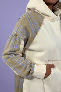 Plaid Mix Terry Pullover Hoodie - Ecru