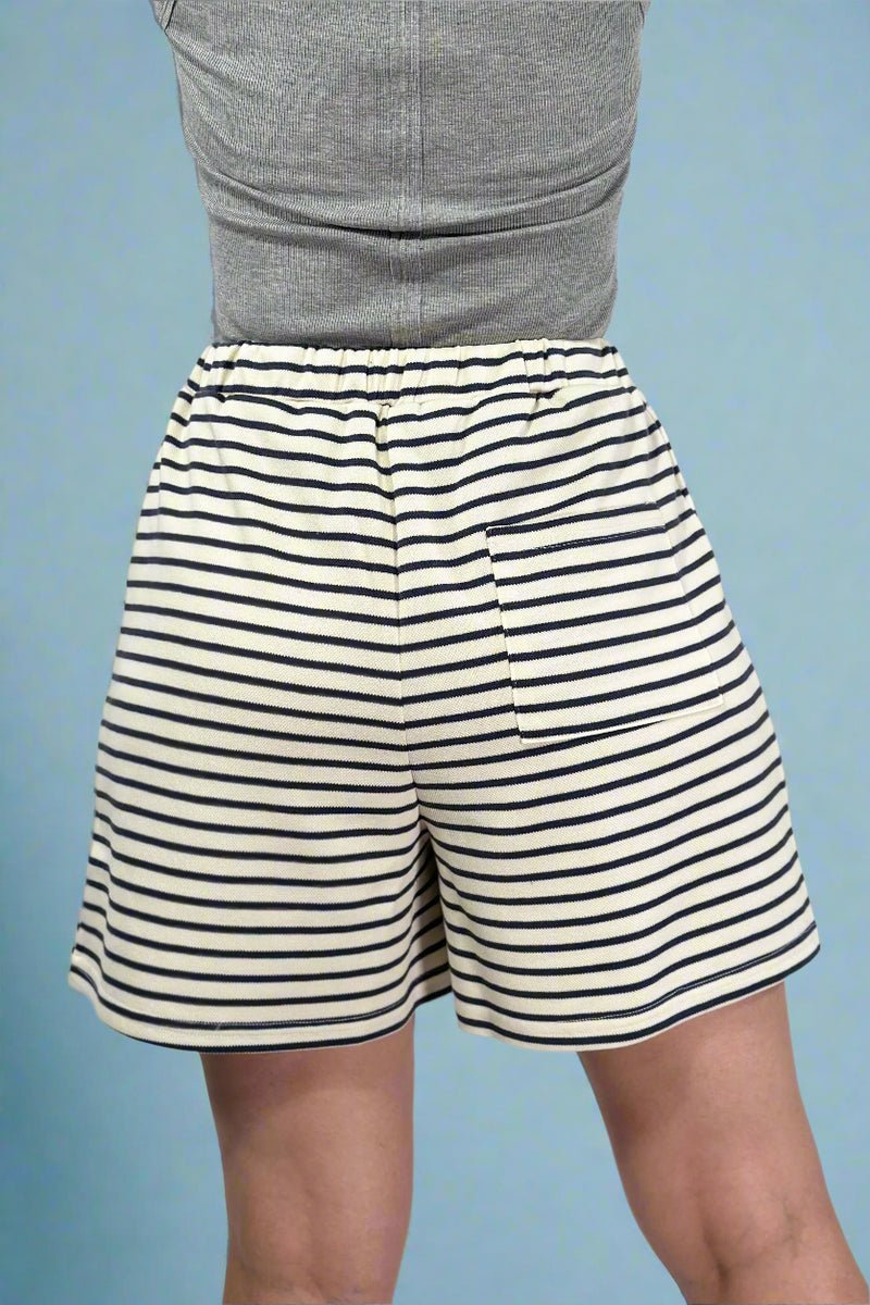 Striped Elastic Waist Shorts - Navy