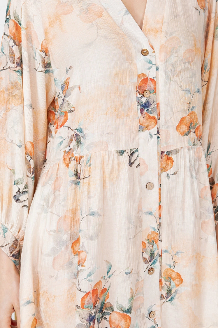 Floral Print Button Down Dress - Beige