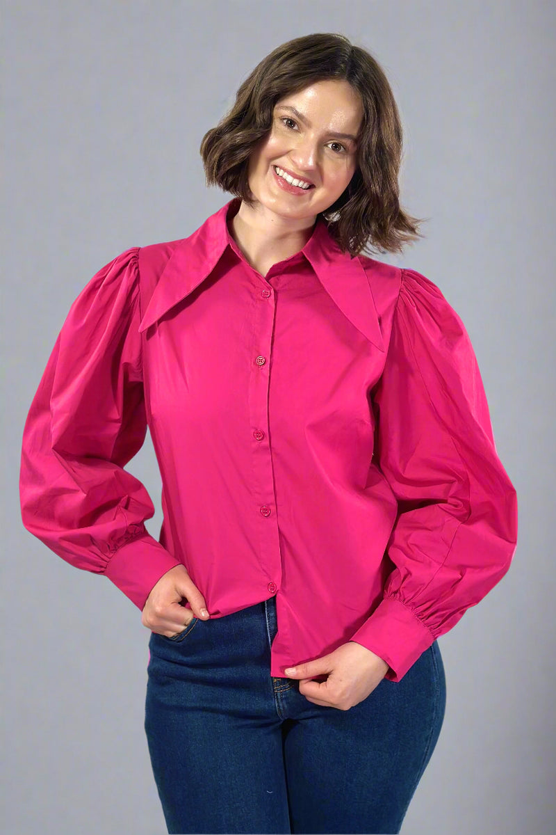 Puff Sleeve Button Down Blouse - Berry