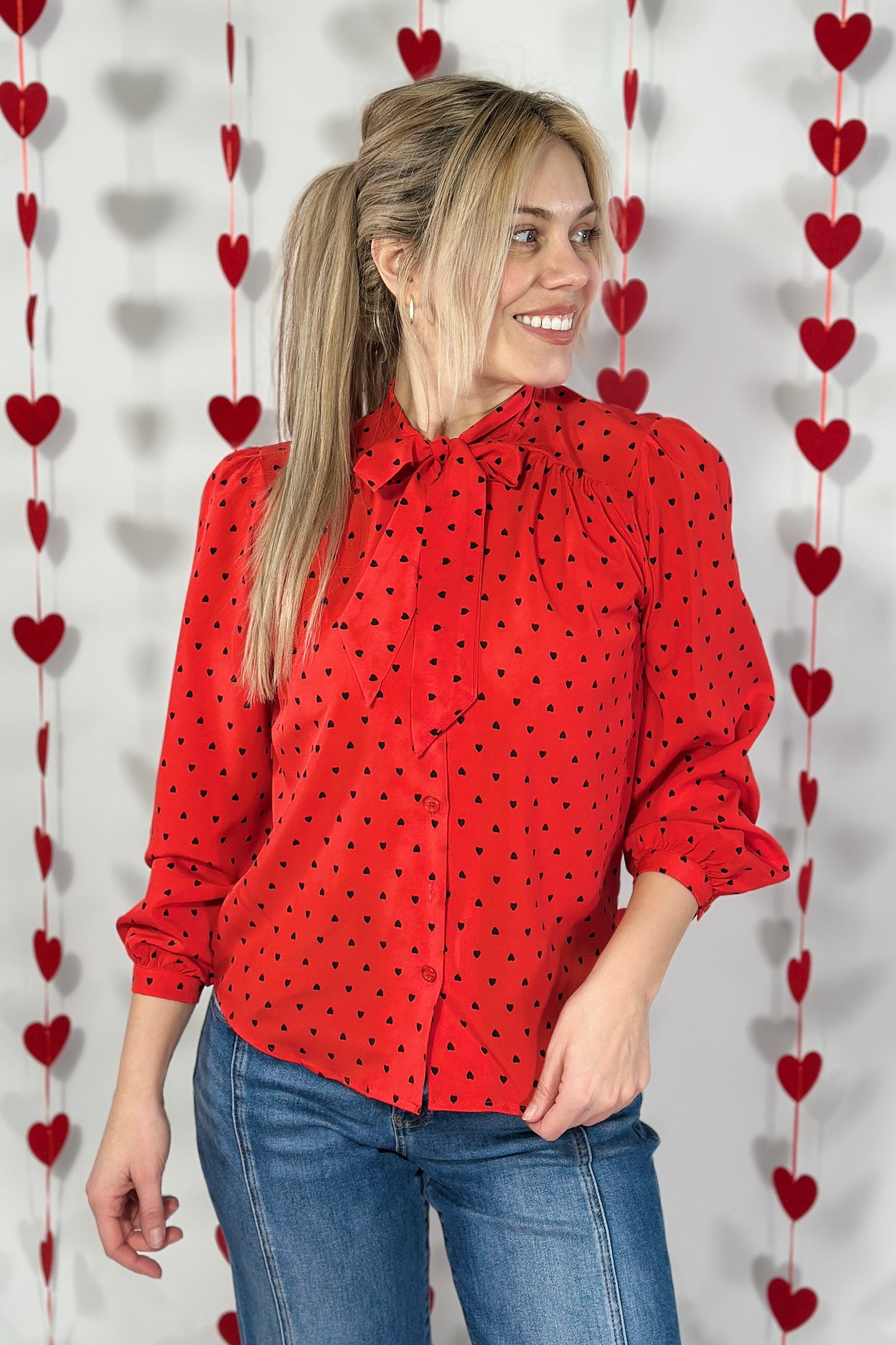 Bow Blouse With Hearts - Red