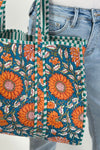 Reversible Quilted Tote Bag - Teal