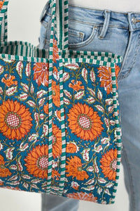 Reversible Quilted Tote Bag - Teal