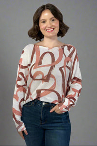 Beige Heart Printed Knitted Sweater