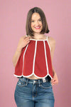 Scalloped Hem Contrast Top - Crimson