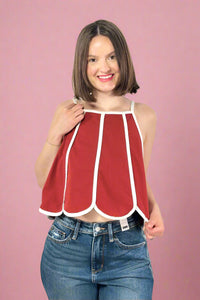 Scalloped Hem Contrast Top - Crimson