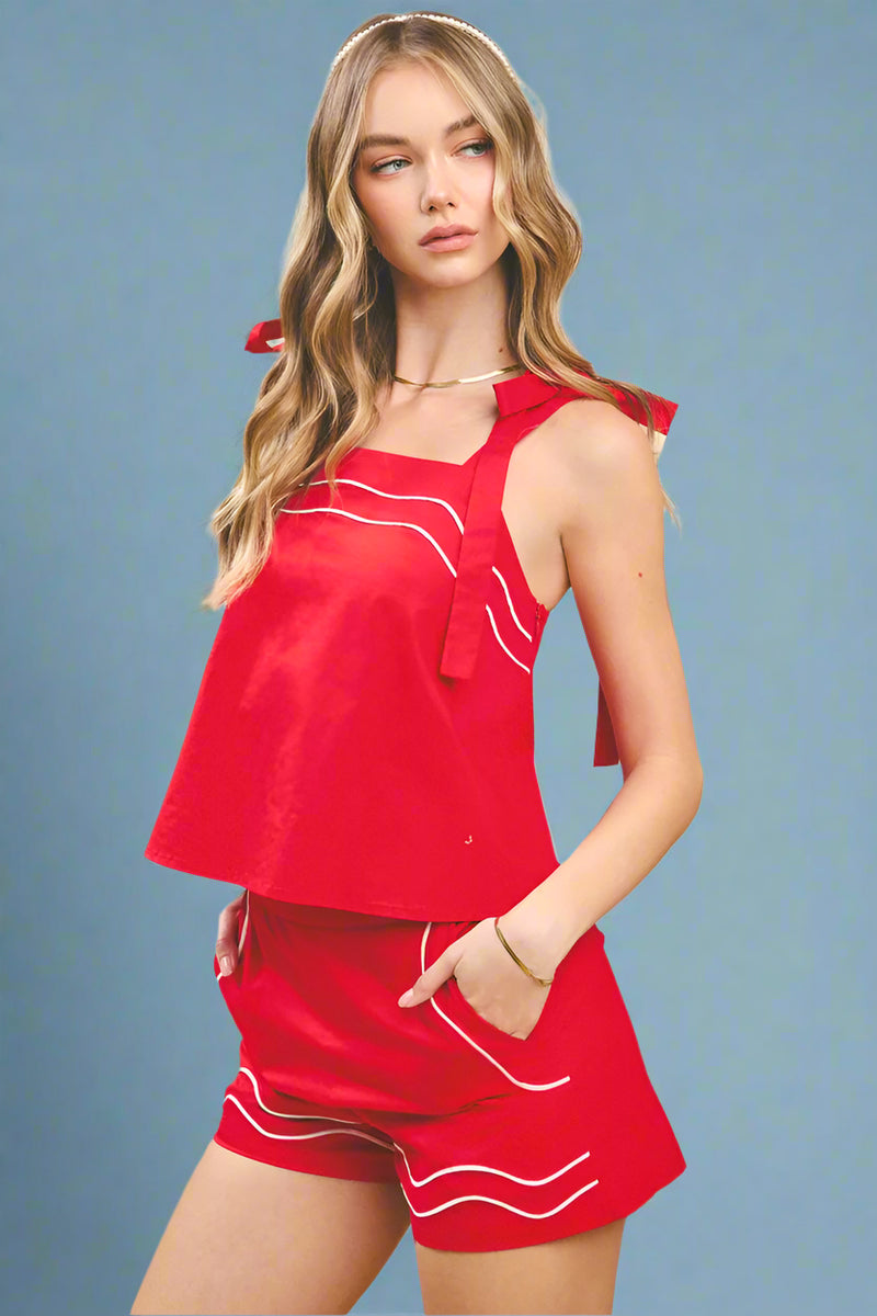 Piped Square Neck Self Tie Top - Red