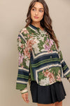 Printed Button Front Top - Olive
