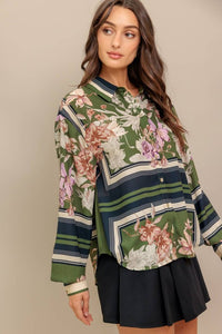 Printed Button Front Top - Olive