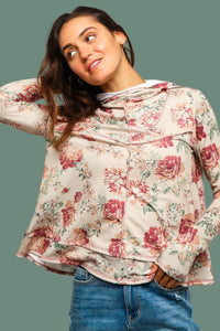 Hoodie Long Sleeve Floral Top - Marsala