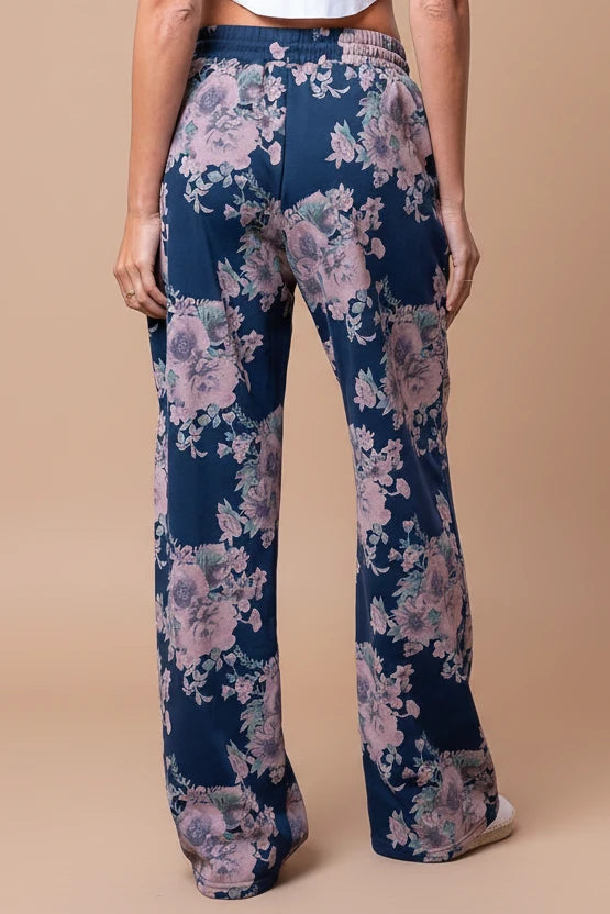 Flower Straight Jersey Pants - Navy